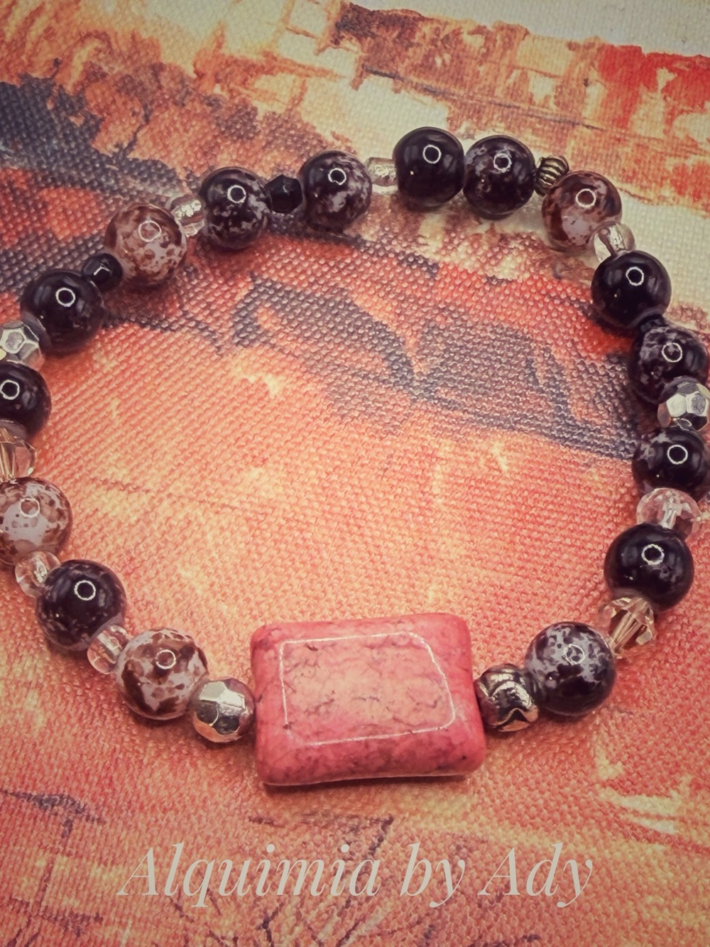 Rhodonite + agate Focal Stone Bracelet Brown Beads